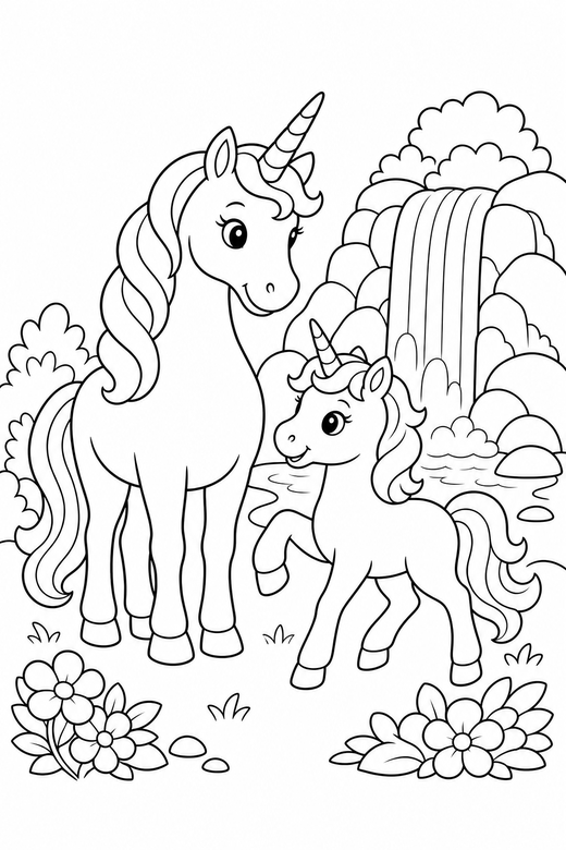 Unicorn and foal prancing by a waterfall: A unicorn standing with its foal prancing with one hoof lifted beside a small waterfall, free printable coloring page