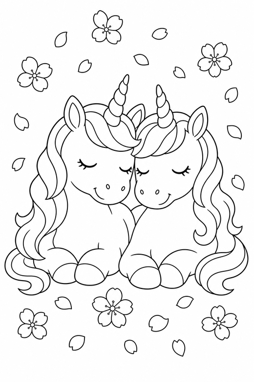 Two unicorns asleep with falling petals: Two unicorns side by side resting with their eyes closed with blossom petals falling around them, free printable coloring page