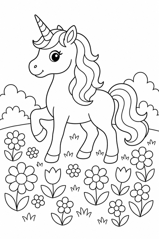 Unicorn prancing in a flower meadow: A unicorn prancing with one hoof lifted in a meadow full of flowers, free printable coloring page
