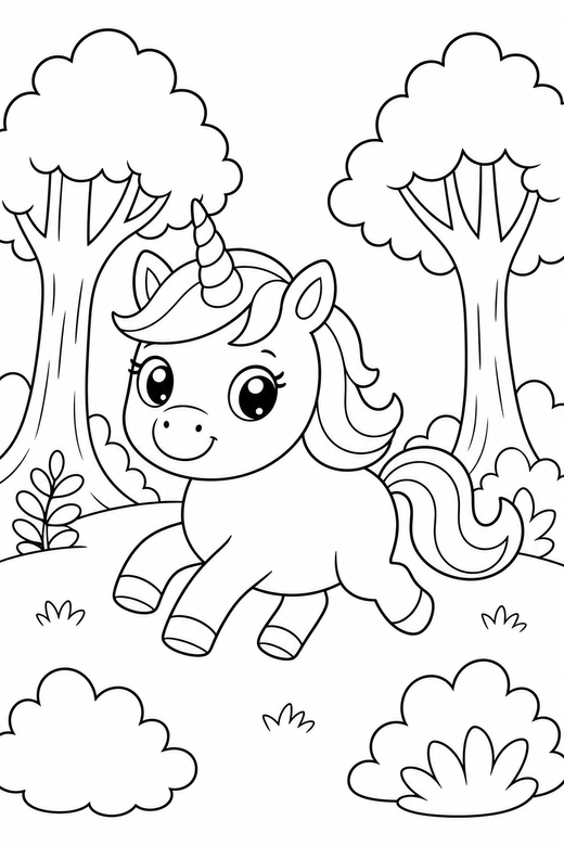 Pony unicorn galloping in a forest clearing: A small round pony-shaped unicorn galloping in a clearing among tall trees, free printable coloring page