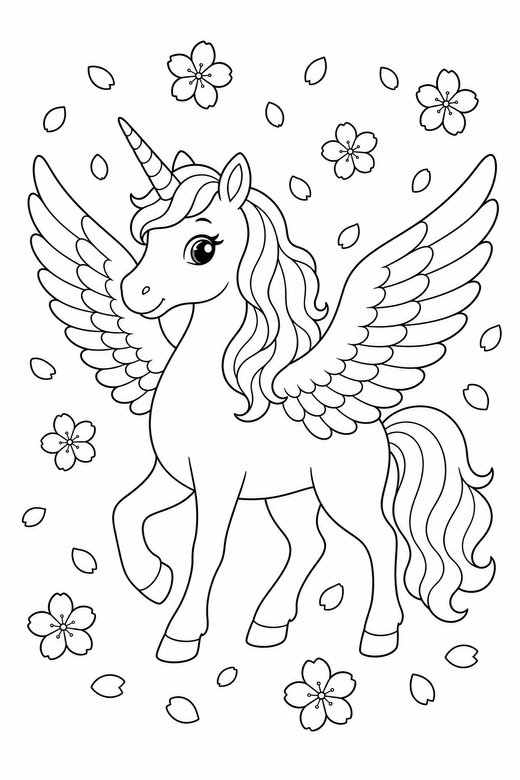Winged unicorn walking with falling petals: A unicorn with feathered wings walking slowly with blossom petals falling around it, free printable coloring page