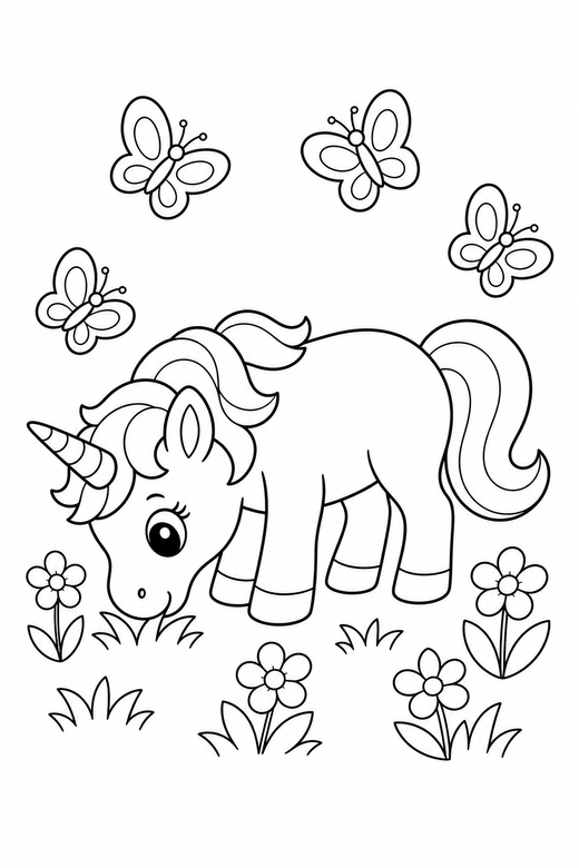 Baby unicorn grazing with butterflies: A baby unicorn with short legs grazing with its head lowered surrounded by fluttering butterflies, free printable coloring page