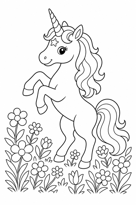 Star-marked unicorn rearing up: A unicorn with a star marking on its forehead rearing up on its hind legs in a meadow full of flowers, free printable coloring page