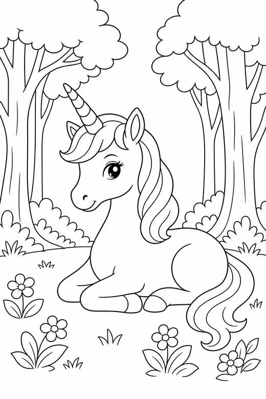 Slender unicorn lying down: A slender, elegant unicorn lying down with its legs tucked under in a clearing among tall trees, free printable coloring page