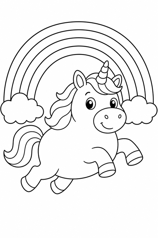 Chubby unicorn galloping under a rainbow: A round, chubby cartoon unicorn galloping under a wide rainbow, free printable coloring page