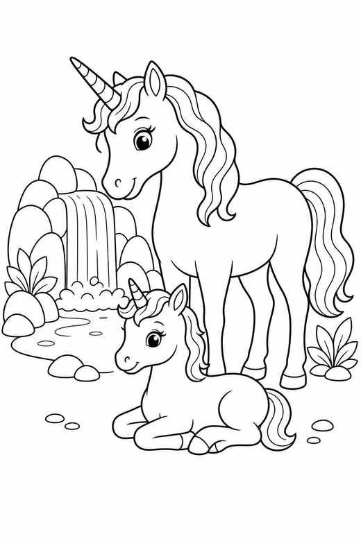 Unicorn and foal lying down by a waterfall: A unicorn standing with its foal lying down with its legs tucked under beside a small waterfall, free printable coloring page