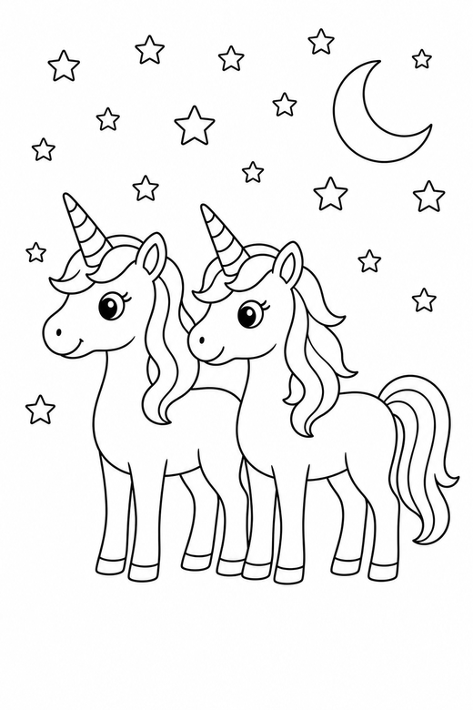 Two unicorns standing under the stars: Two unicorns side by side standing in profile under a night sky full of stars, free printable coloring page