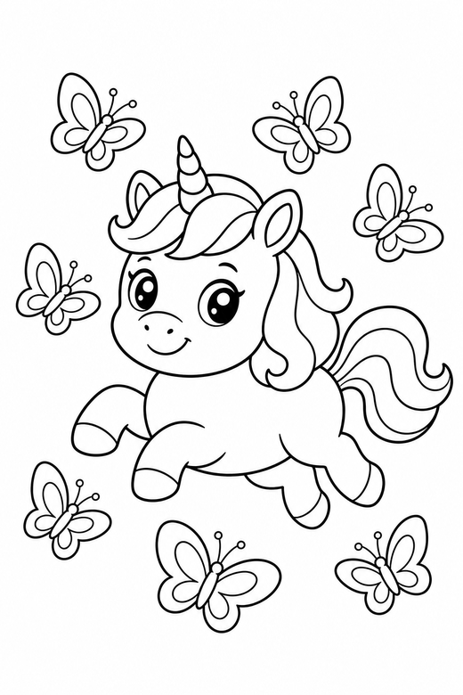 Pony unicorn galloping with butterflies: A small round pony-shaped unicorn galloping surrounded by fluttering butterflies, free printable coloring page