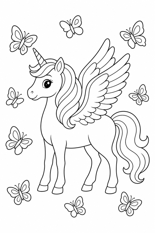 Winged unicorn standing with butterflies: A unicorn with feathered wings standing in profile surrounded by fluttering butterflies, free printable coloring page