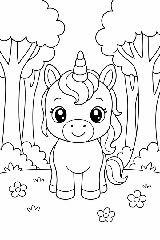Baby unicorn seen head on: A baby unicorn with short legs seen from the front, facing you in a clearing among tall trees, free printable coloring page