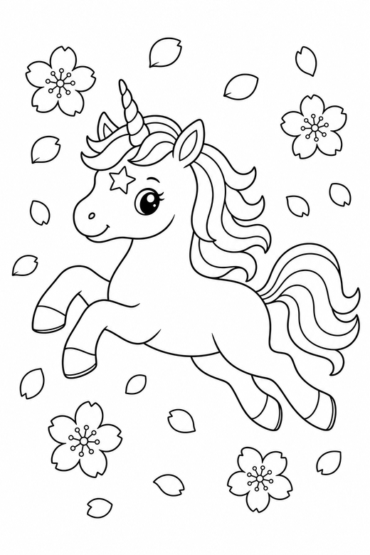 Star-marked unicorn leaping: A unicorn with a star marking on its forehead leaping through the air with blossom petals falling around it, free printable coloring page