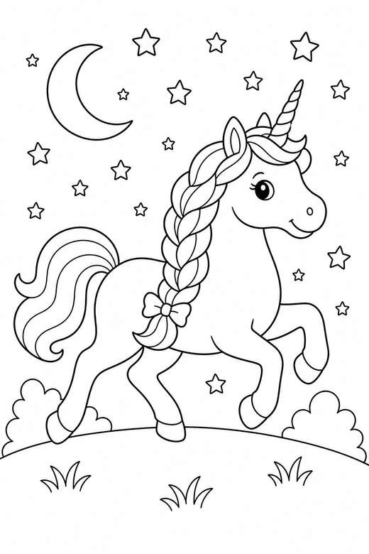 Braided-mane unicorn galloping: A unicorn with a long braided mane galloping under a night sky full of stars, free printable coloring page
