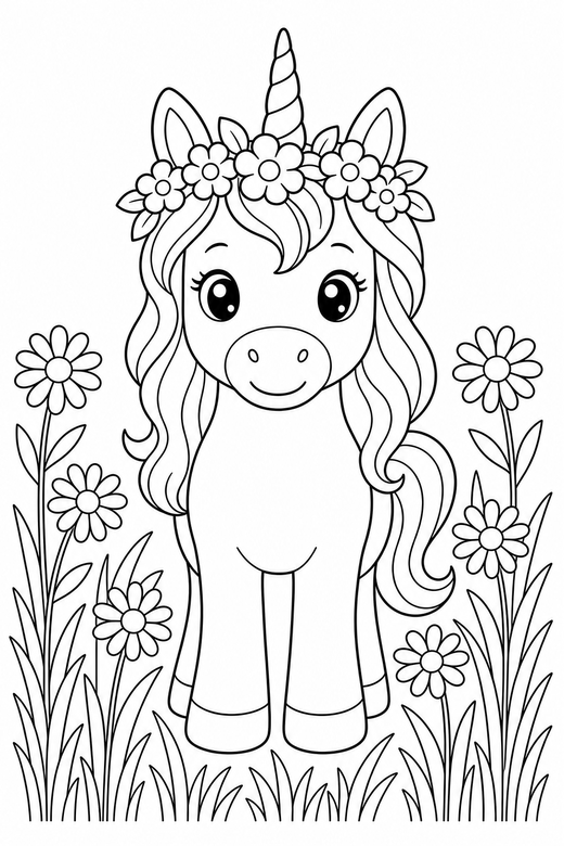 Flower-crown unicorn seen head on: A unicorn wearing a crown of flowers seen from the front, facing you among tall grass and daisies, free printable coloring page