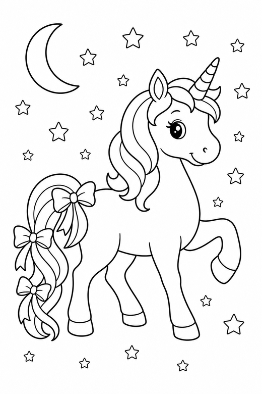 Ribboned unicorn prancing under the stars: A unicorn with ribbons woven into its tail prancing with one hoof lifted under a night sky full of stars, free printable coloring page