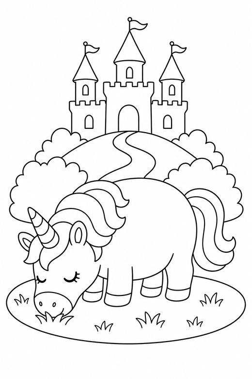 Chubby unicorn grazing near a castle: A round, chubby cartoon unicorn grazing with its head lowered with a castle on a hill behind it, free printable coloring page