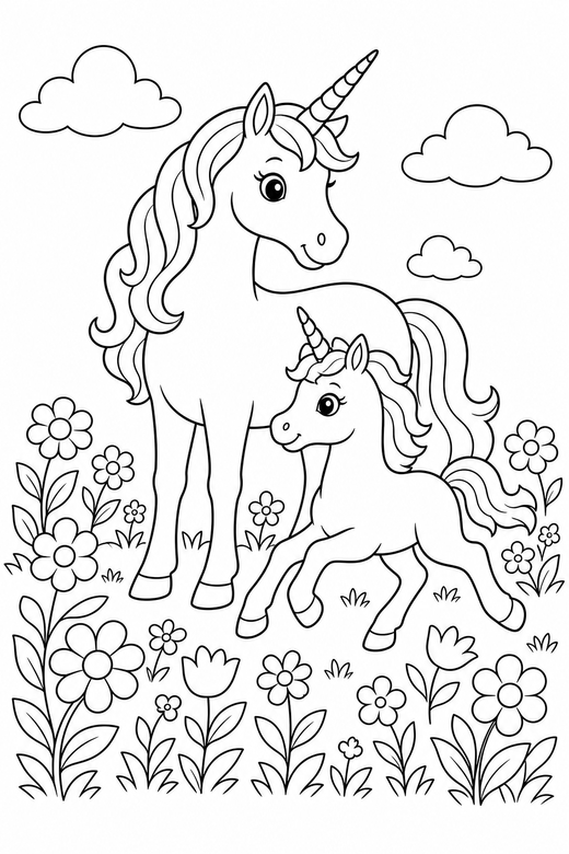 Unicorn and foal galloping: A unicorn standing with its foal galloping in a meadow full of flowers, free printable coloring page