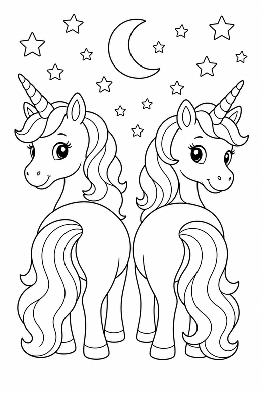 Two unicorns looking back under the stars: Two unicorns side by side looking back over their shoulder under a night sky full of stars, free printable coloring page