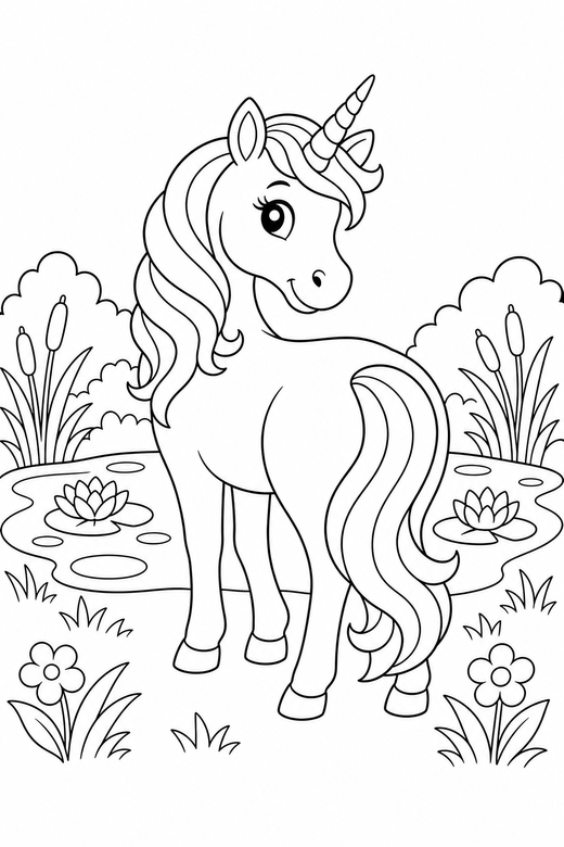 Unicorn looking back by a pond: A unicorn looking back over its shoulder beside a still pond with lilies, free printable coloring page