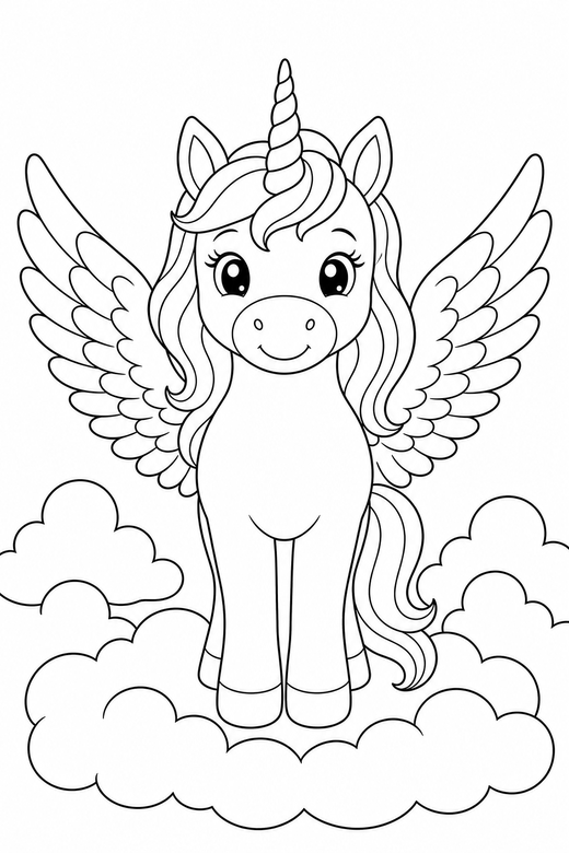 Winged unicorn seen head on among clouds: A unicorn with feathered wings seen from the front, facing you among soft rounded clouds, free printable coloring page
