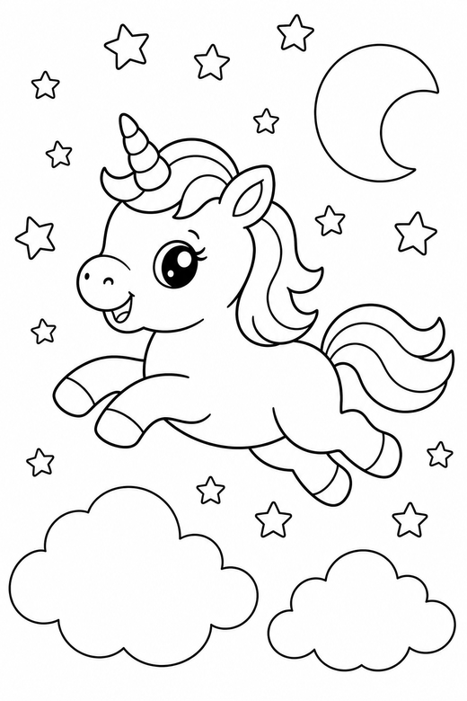 Baby unicorn leaping under the stars: A baby unicorn with short legs leaping through the air under a night sky full of stars, free printable coloring page