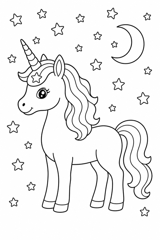 Star-marked unicorn standing under the stars: A unicorn with a star marking on its forehead standing in profile under a night sky full of stars, free printable coloring page