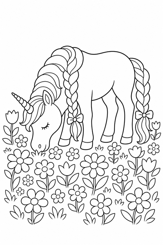Braided-mane unicorn grazing: A unicorn with a long braided mane grazing with its head lowered in a meadow full of flowers, free printable coloring page