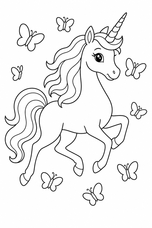 Slender unicorn galloping with butterflies: A slender, elegant unicorn galloping surrounded by fluttering butterflies, free printable coloring page
