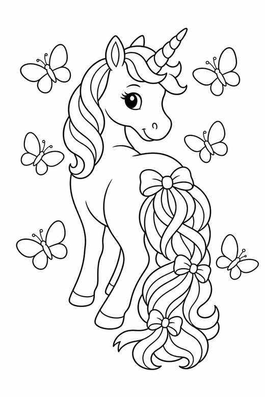 Ribboned unicorn looking back: A unicorn with ribbons woven into its tail looking back over its shoulder surrounded by fluttering butterflies, free printable coloring page
