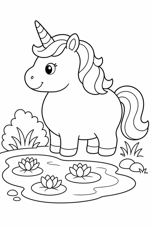Chubby unicorn standing by a pond: A round, chubby cartoon unicorn standing in profile beside a still pond with lilies, free printable coloring page