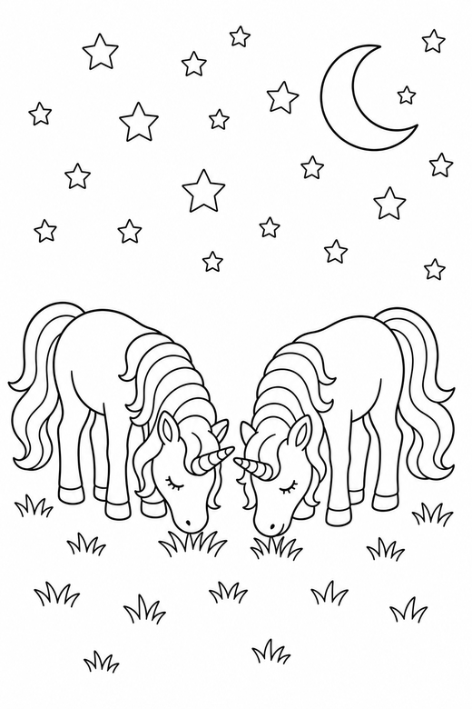 Two unicorns grazing under the stars: Two unicorns side by side grazing with their head lowered under a night sky full of stars, free printable coloring page
