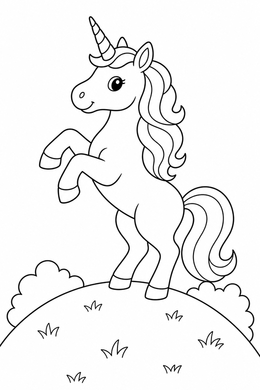 Unicorn rearing up on a hilltop: A unicorn rearing up on its hind legs on top of a grassy hill, free printable coloring page