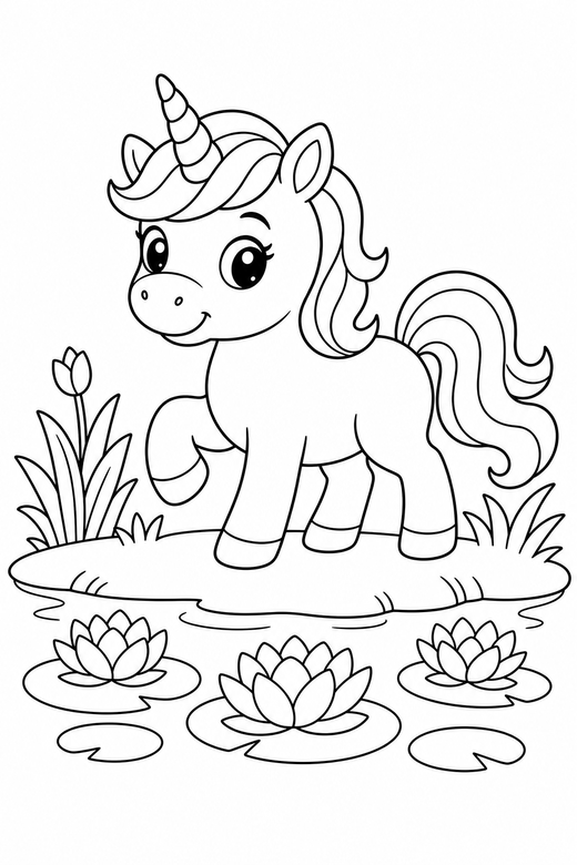 Pony unicorn prancing by a pond: A small round pony-shaped unicorn prancing with one hoof lifted beside a still pond with lilies, free printable coloring page