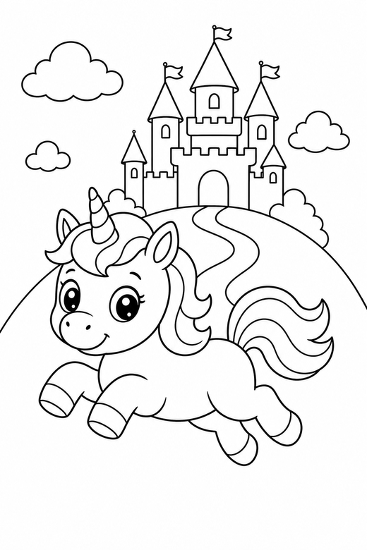 Baby unicorn leaping near a castle: A baby unicorn with short legs leaping through the air with a castle on a hill behind it, free printable coloring page