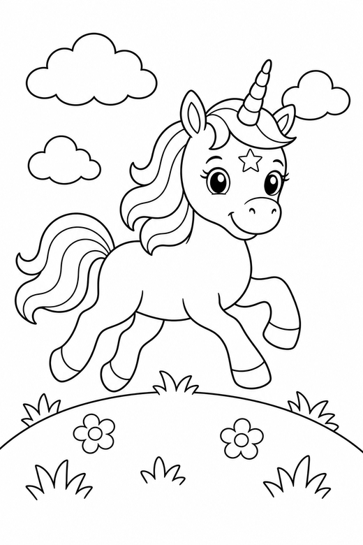 Star-marked unicorn galloping on a hilltop: A unicorn with a star marking on its forehead galloping on top of a grassy hill, free printable coloring page