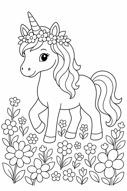 Flower-crown unicorn walking: A unicorn wearing a crown of flowers walking slowly in a meadow full of flowers, free printable coloring page