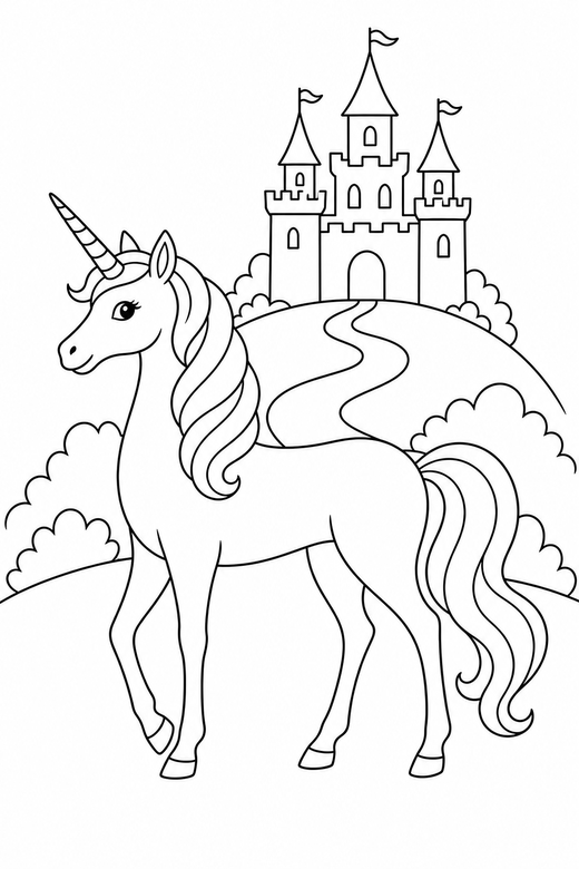 Slender unicorn standing near a castle: A slender, elegant unicorn standing in profile with a castle on a hill behind it, free printable coloring page