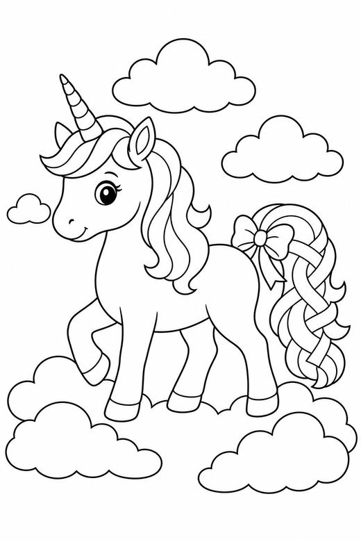 Ribboned unicorn walking among clouds: A unicorn with ribbons woven into its tail walking slowly among soft rounded clouds, free printable coloring page