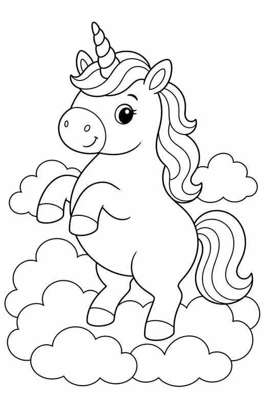 Chubby unicorn rearing up among clouds: A round, chubby cartoon unicorn rearing up on its hind legs among soft rounded clouds, free printable coloring page