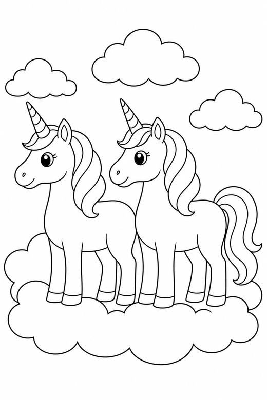 Two unicorns standing among clouds: Two unicorns side by side standing in profile among soft rounded clouds, free printable coloring page