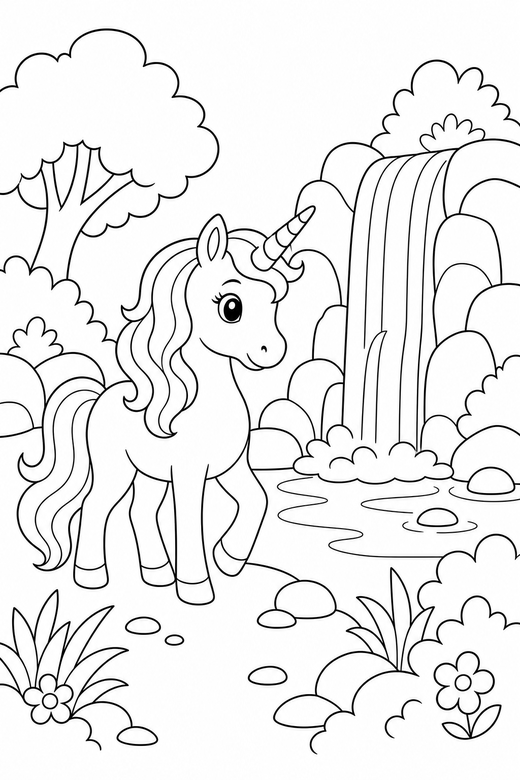 Unicorn walking by a waterfall: A unicorn walking slowly beside a small waterfall, free printable coloring page