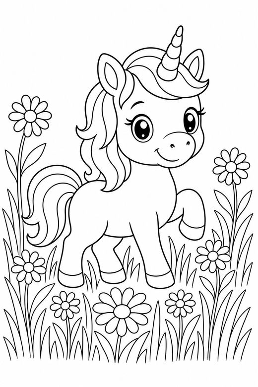 Baby unicorn prancing in tall grass: A baby unicorn with short legs prancing with one hoof lifted among tall grass and daisies, free printable coloring page