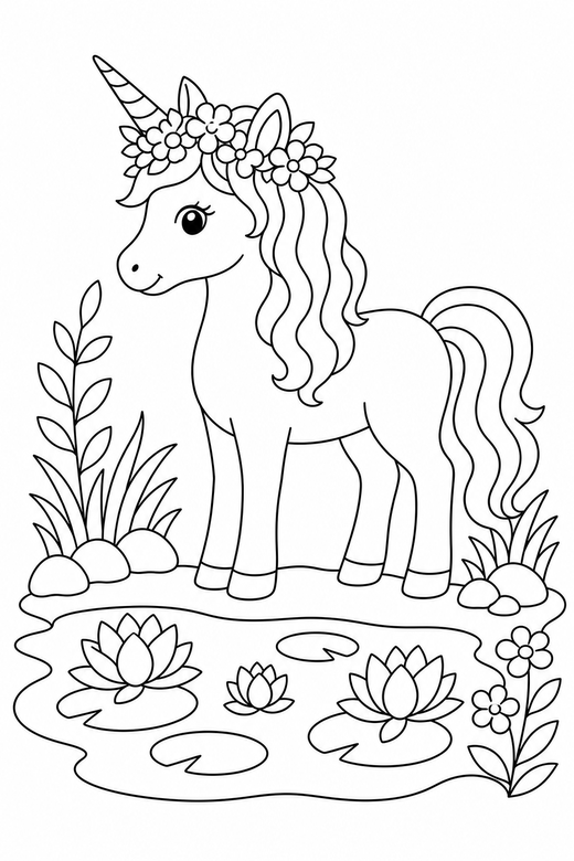 Flower-crown unicorn standing by a pond: A unicorn wearing a crown of flowers standing in profile beside a still pond with lilies, free printable coloring page
