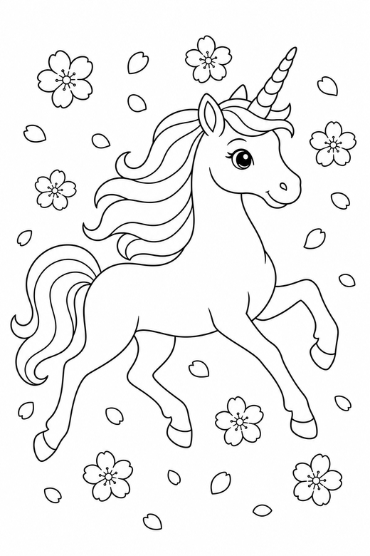 Slender unicorn galloping: A slender, elegant unicorn galloping with blossom petals falling around it, free printable coloring page