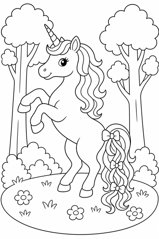 Ribboned unicorn rearing up: A unicorn with ribbons woven into its tail rearing up on its hind legs in a clearing among tall trees, free printable coloring page