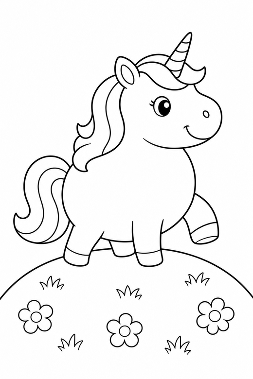 Chubby unicorn walking on a hilltop: A round, chubby cartoon unicorn walking slowly on top of a grassy hill, free printable coloring page