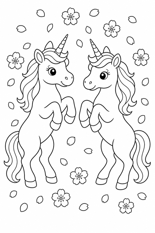Two unicorns rearing up with falling petals: Two unicorns side by side rearing up on their hind legs with blossom petals falling around them, free printable coloring page