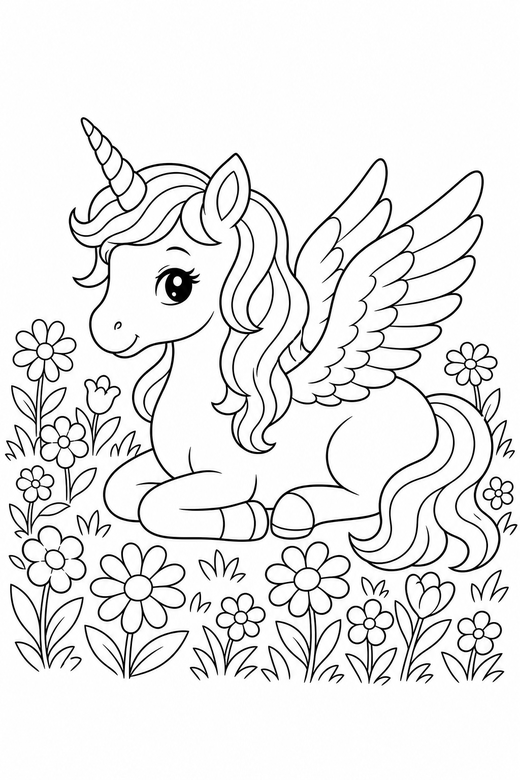 Winged unicorn lying down in a flower meadow: A unicorn with feathered wings lying down with its legs tucked under in a meadow full of flowers, free printable coloring page