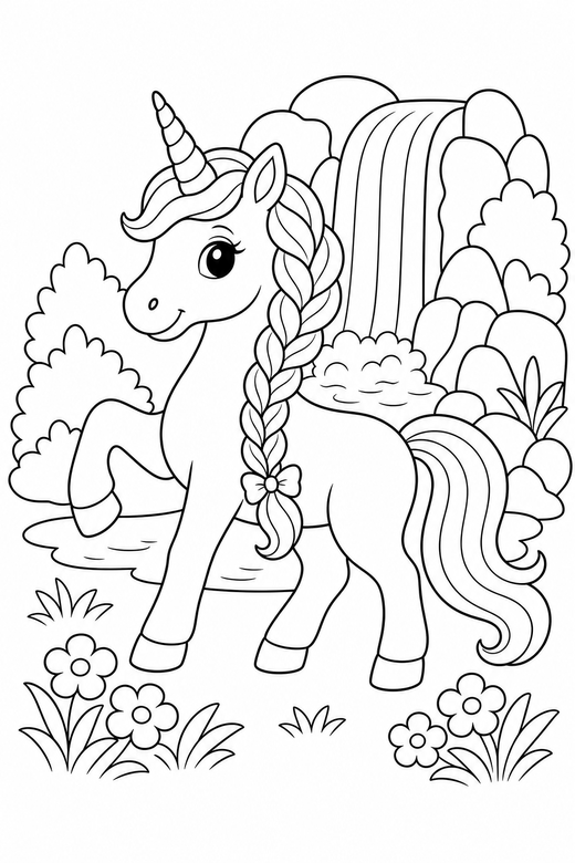Braided-mane unicorn prancing by a waterfall: A unicorn with a long braided mane prancing with one hoof lifted beside a small waterfall, free printable coloring page