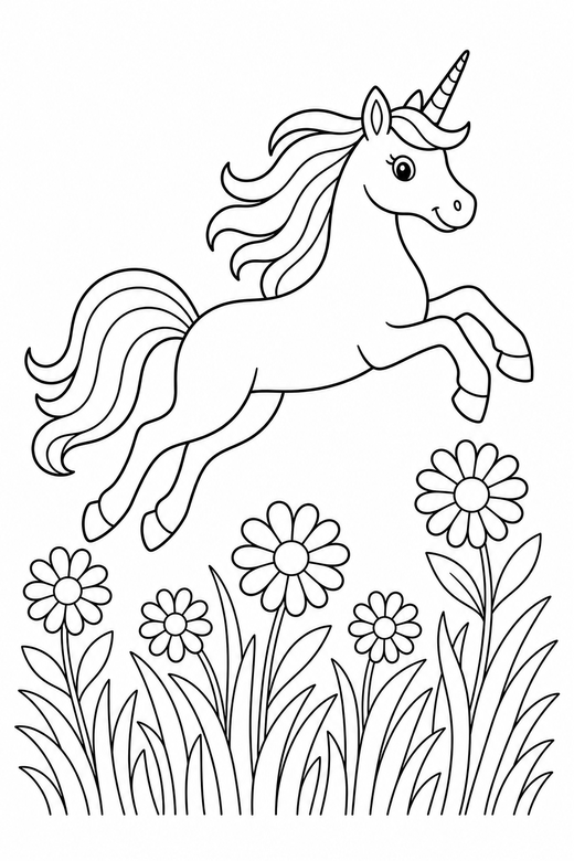 Slender unicorn leaping in tall grass: A slender, elegant unicorn leaping through the air among tall grass and daisies, free printable coloring page