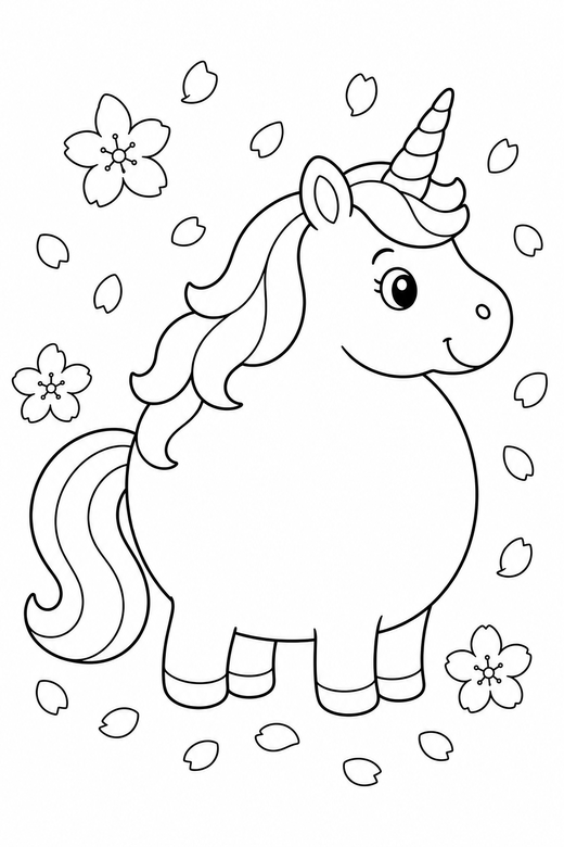 Chubby unicorn standing with falling petals: A round, chubby cartoon unicorn standing in profile with blossom petals falling around it, free printable coloring page